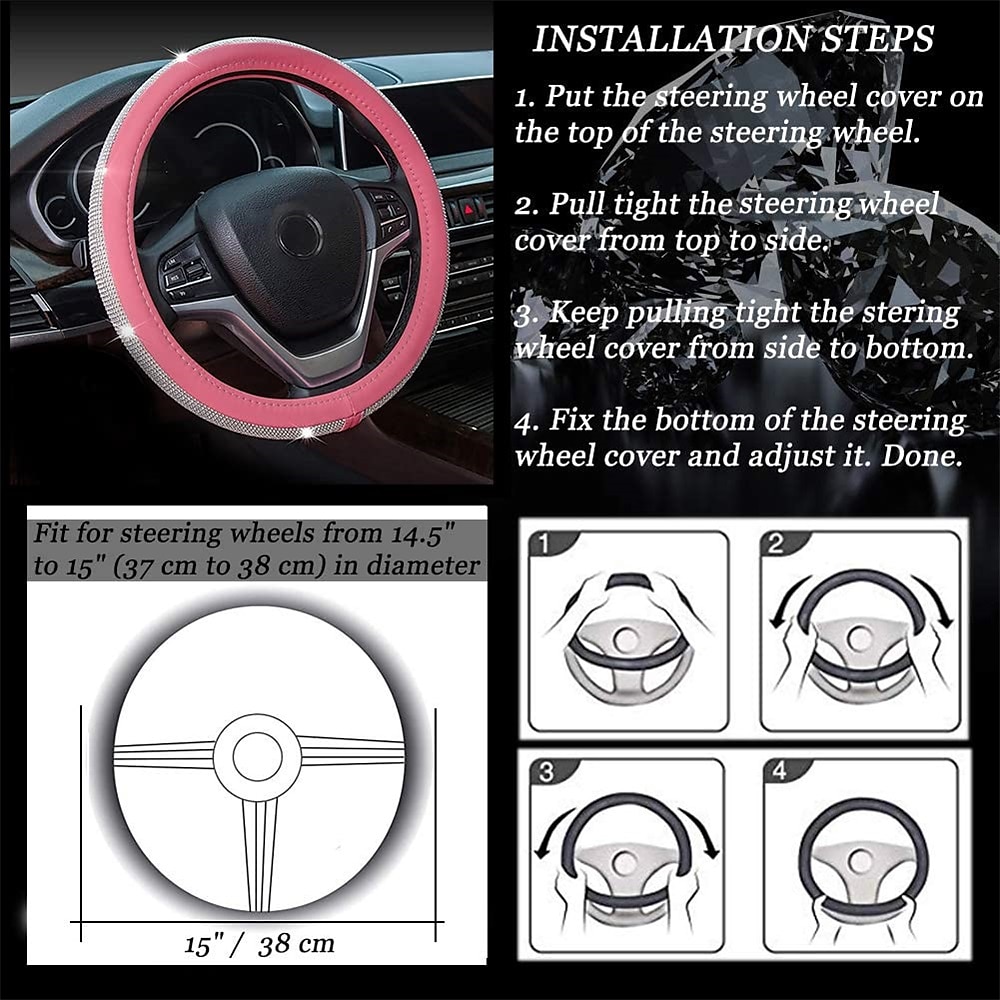New Diamond Leather Steering Wheel Cover with Bling Bling Crystal Rhinestones Universal Fit 15 Inch Car Wheel Protector for Women Girls 2025 - $25.99 –P8