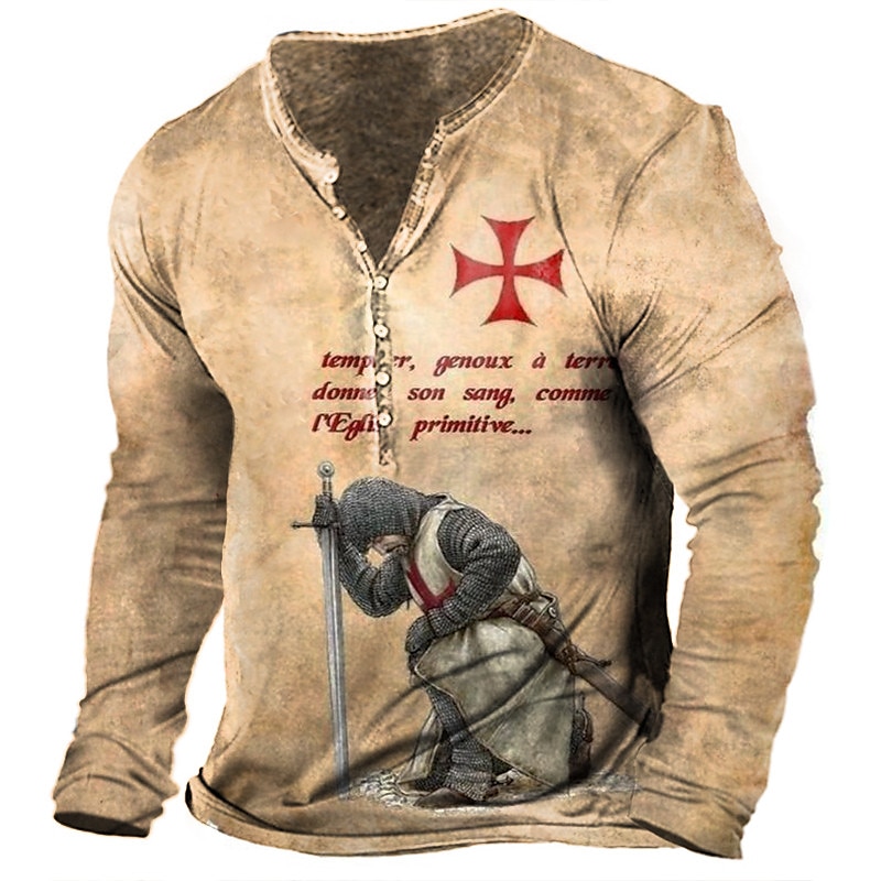 2025年 男性用 Tシャツ ヘンリーシャツ グラフィック テンプルクロス Soldier ヘンリー ライトグリーン ルビーレッド ブルー グリーン カーキ色 3Dプリント プラスサイズ アウトドア 日常 長袖 ボタンダウン プリント 衣類 スタイリッシュ ヴィンテージ ベーシック クラシック コレクション – $23.99 –P1