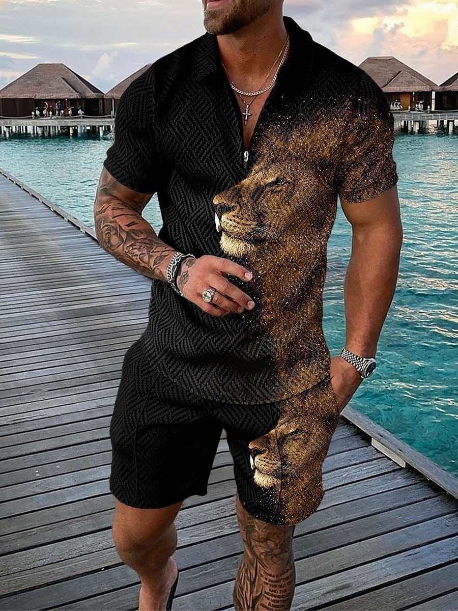 Herre Figurer POLO T-skjorte Skjortdrakter Kort Erme Skjorte V-hals Men's leisure suit utendørs Arbeid 3D-utskrift Svart / Hvit Svart Navyblå Grå Lyseblå Glidelås Flettet Klær Fritid 2025 - $31.99 –P5