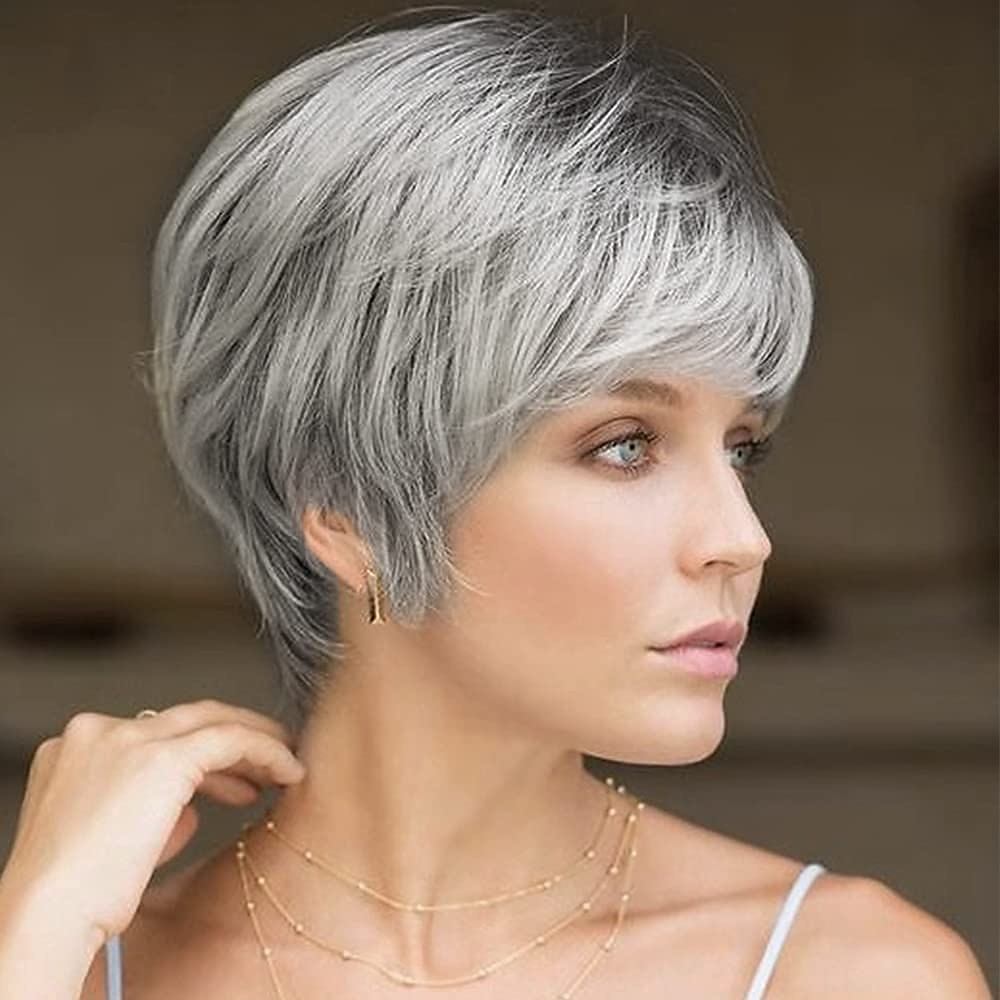 krótkie kręcone szare peruki pixie dla białych kobiet sliver szare warstwowe peruki syntetyczne naturalnie wyglądające pixie cut puszyste peruki z grzywką peruki świąteczne 2025 - $17.49 –P7