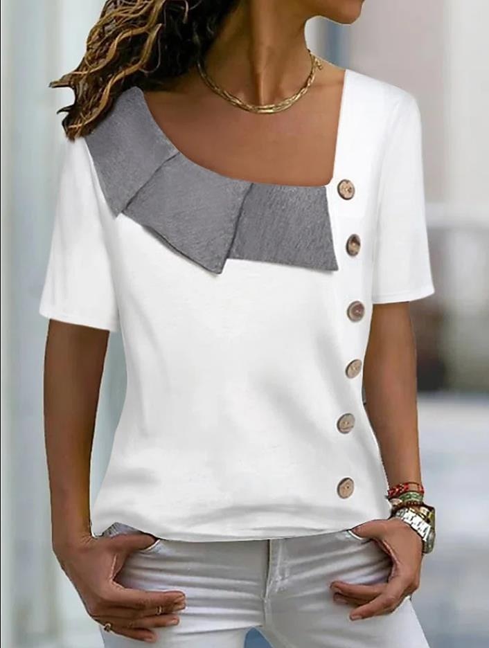 dames overhemd blouse streetwear casual color block knopen print korte mouw regular tops v hals dagelijks weekend wit geel blauw 2025 - $21.99 –P1