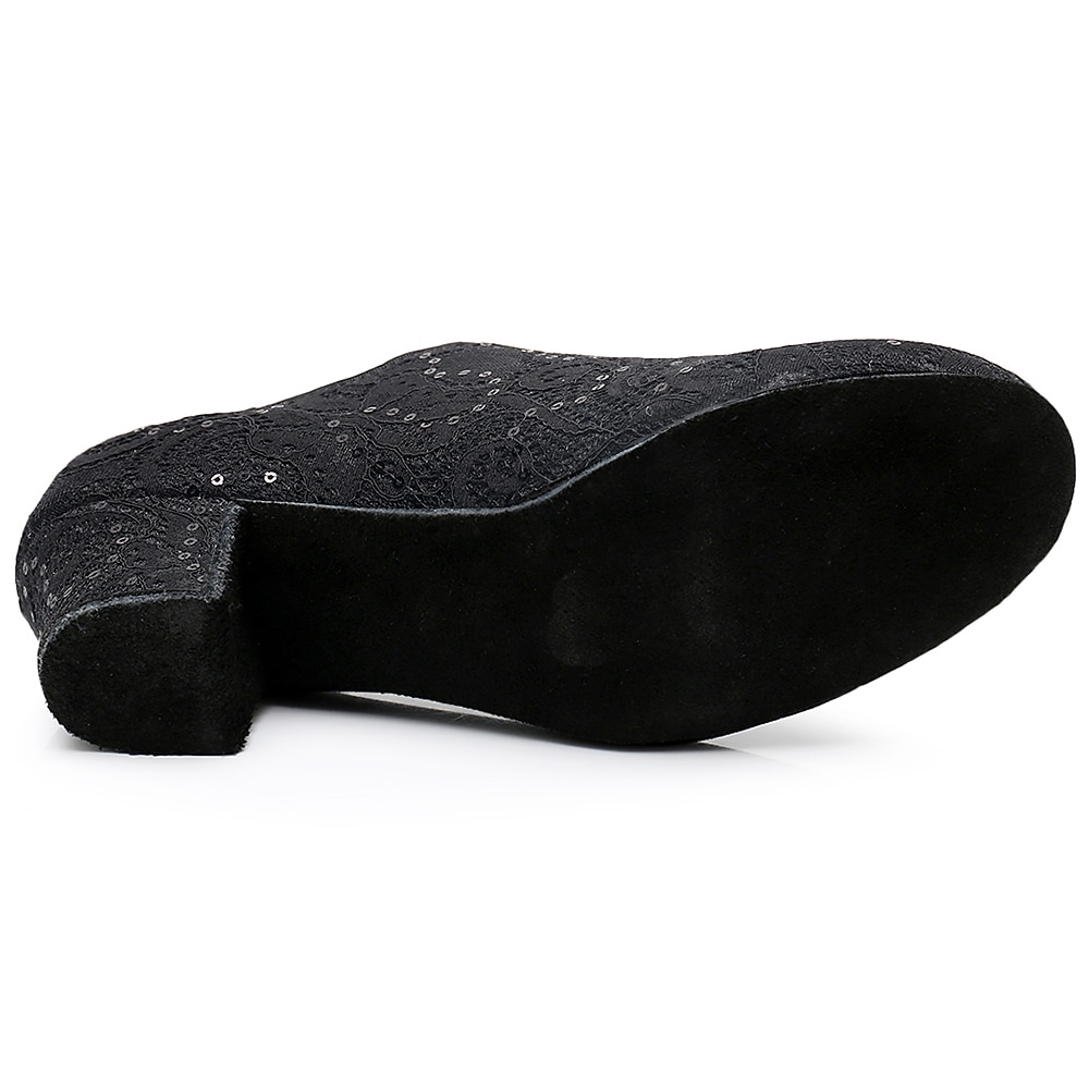 Women's Black Lace Dance Shoes with Mid Heel - Elegant Sequin Latin and Ballroom Shoes for Performance 2025 - $26.99 –P3