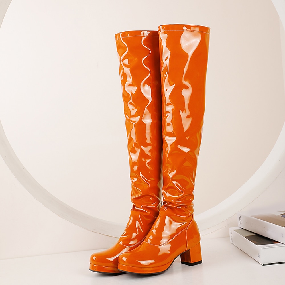 Botas por encima de la rodilla de charol negro para mujer con tacón grueso, elegantes y sofisticadas para salir de noche y para fiestas. 2026 - $69.99 –P14