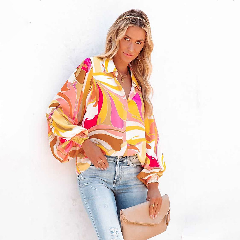 Women's Shirt Blouse Fashion Buttons Print Long Sleeve Regular Tops Shirt Collar Casual Blue Purple Green Gray Spring & Fall 2025 - $21.99 –P2