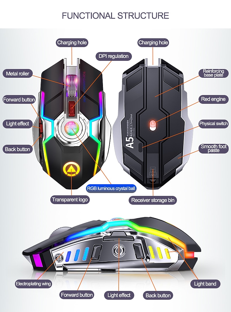 A5 rechargeable wireless mouse gaming RGB luminous mute silent colorful computer gaming mouse 2025 - $43.99 –P8