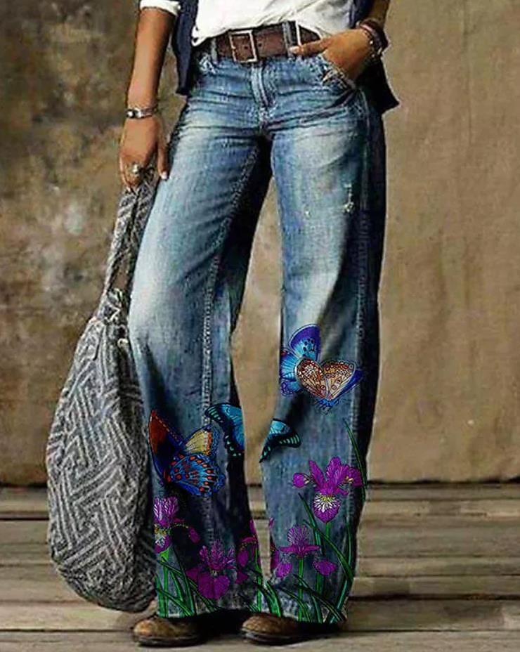 Dames Normaal Jeans Uitlopende broek Bell Bottom 3D-print Volledige lengte Medium Taille Bloem Zijzakken Breed Been Afdrukken Comfort Hoge Elasticiteit Casual 1 2 14 16 Zomer Lente & Herfst Ruim 2025 - $8.99 –P7