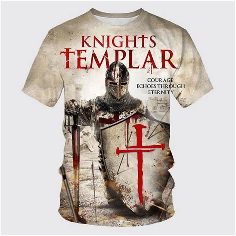 Men's Templar Cross Graphic Prints Soldier T Shirt Christian T Shirts Short Sleeve T shirt 3D Print Crew Neck Shirt Vintage Sports Designer Outdoor Street Daily Black / Gray Black White Summer 2025 - $17.99 –P10