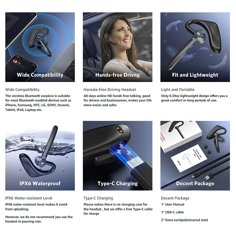Dual-Mic AI Noise Cancelling Bluetooth Headset for Cell Phones, 30Hrs HD Talktime 10 Days Standby Wireless Bluetooth Earpiece IPX6 Waterproof Ultra-Light Wireless Headset Truckers/Office/Business 2025 - $27.99 –P11