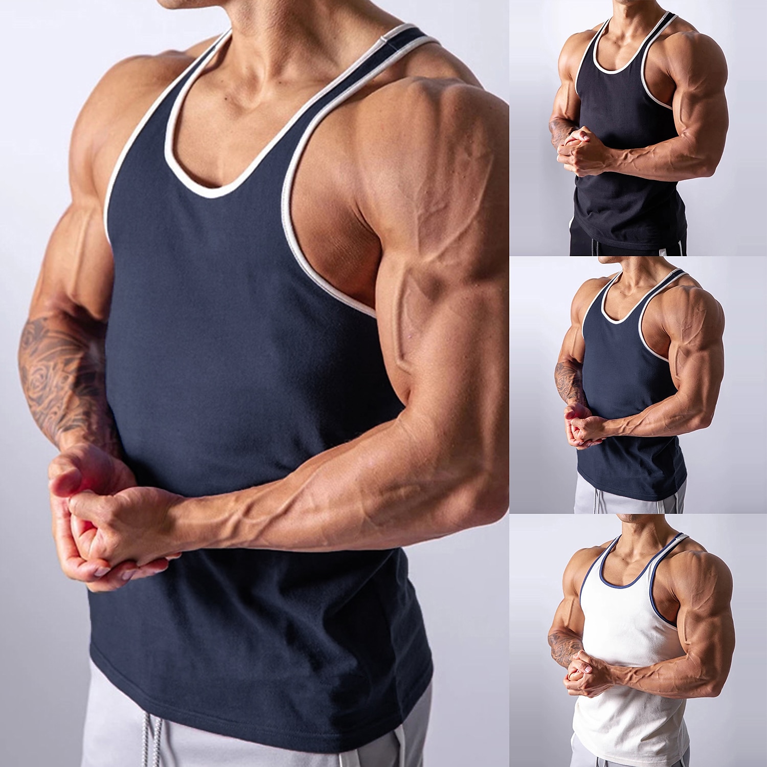 Men's Running Tank Top Workout Tank Singlet Stripe-Trim Sleeveless Top Athletic Athleisure Summer Cotton Breathable Quick Dry Soft Fitness Performance Active Training Sportswear Activewear Stripes 2025 - $16.49 –P1