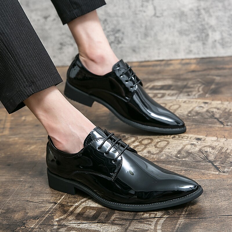 męskie lakierowane skórzane buty wizytowe typu oxford – błyszczące, formalne, sznurowane buty do biznesu, na wesela i wieczorne imprezy 2025 - $54.99 –P5