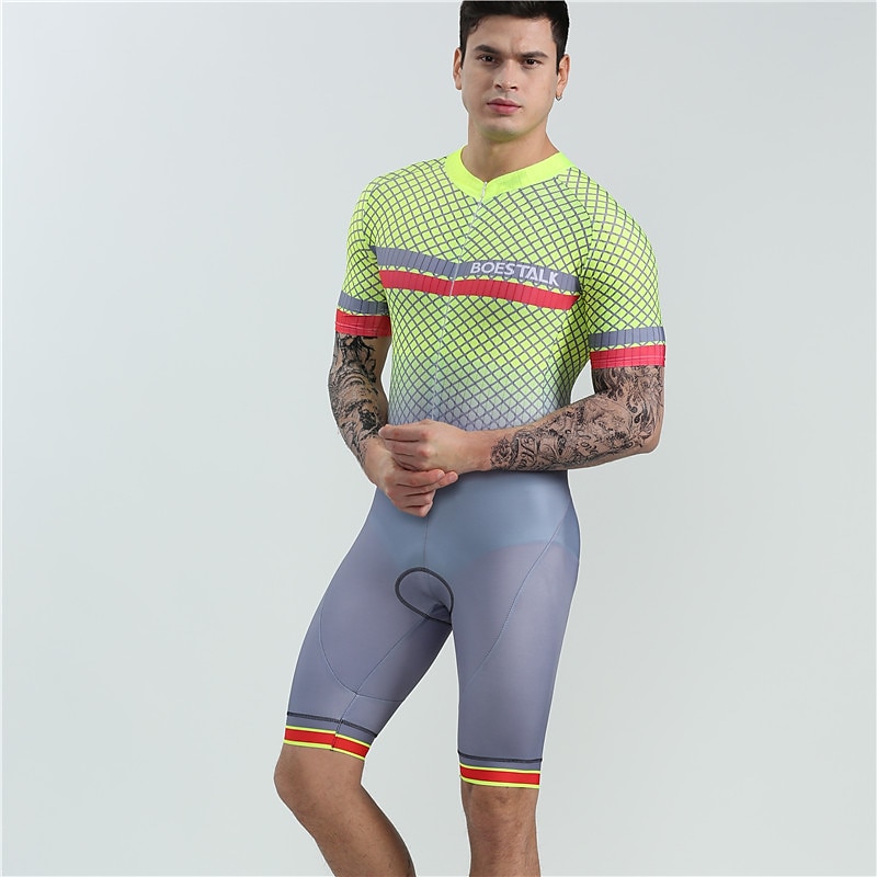 BOESTALK Miesten Lyhythihainen Triathlon Tri -puku Kesä Spandex Vihreä / Keltainen Taivaan sininen Sininen Raita Tilkkutäkki Pilkku Pyörä Liikunta-asut Hengittävä Anatominen tyyli Nopea kuivuminen 2025 - $44.99 –P9