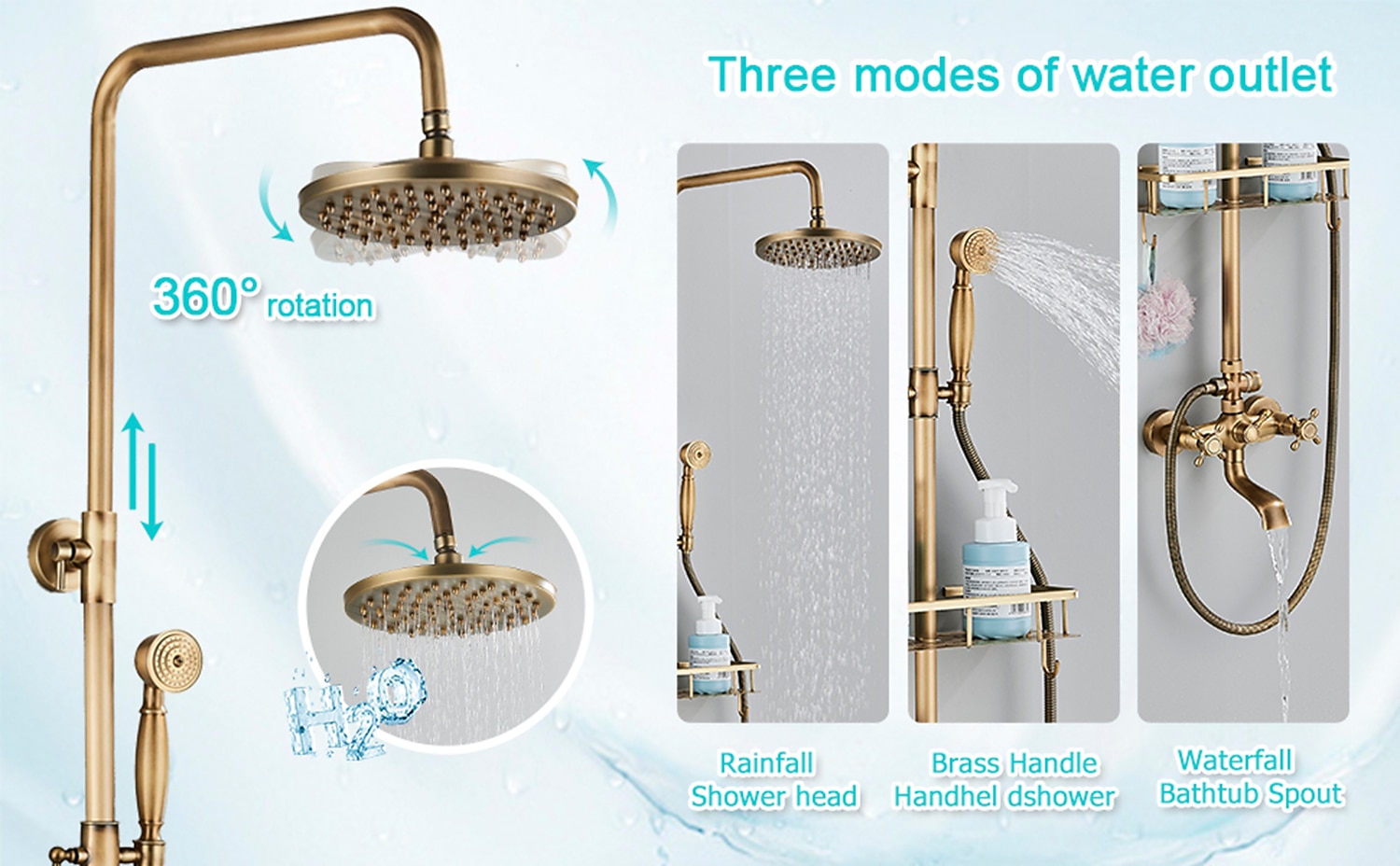 Shower Faucet,Shower System Set,Rainfall Antique Brass Shower Fixture 8 Inch Shower Head Handled Shower Waterfall Tub Spout Wall Mounted Outdoor Shower System with Shower Shelf 2026 - $372.59 –P2