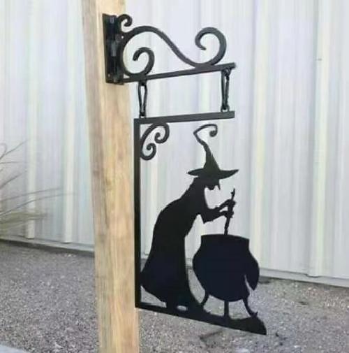 halloween čarodějnický kotel silueta nástěnná výzdoba - venkovní kovový čarodějnický kotlík nástěnná ozdoba, halloween strašidelná závěsná kovová nástěnná cedule pro dekorace na zahradní párty 2025 - $23.99 –P3