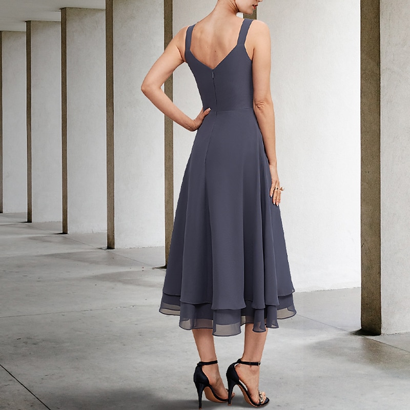 A-Linie Mutter der Braut Kleid elegant V-Ausschnitt Tee-Länge Chiffon Spitze ärmellos Jackenkleider mit Tierung einfarbig maßgeschneiderte Größe kostenlos 2025 - $169.99 –P4