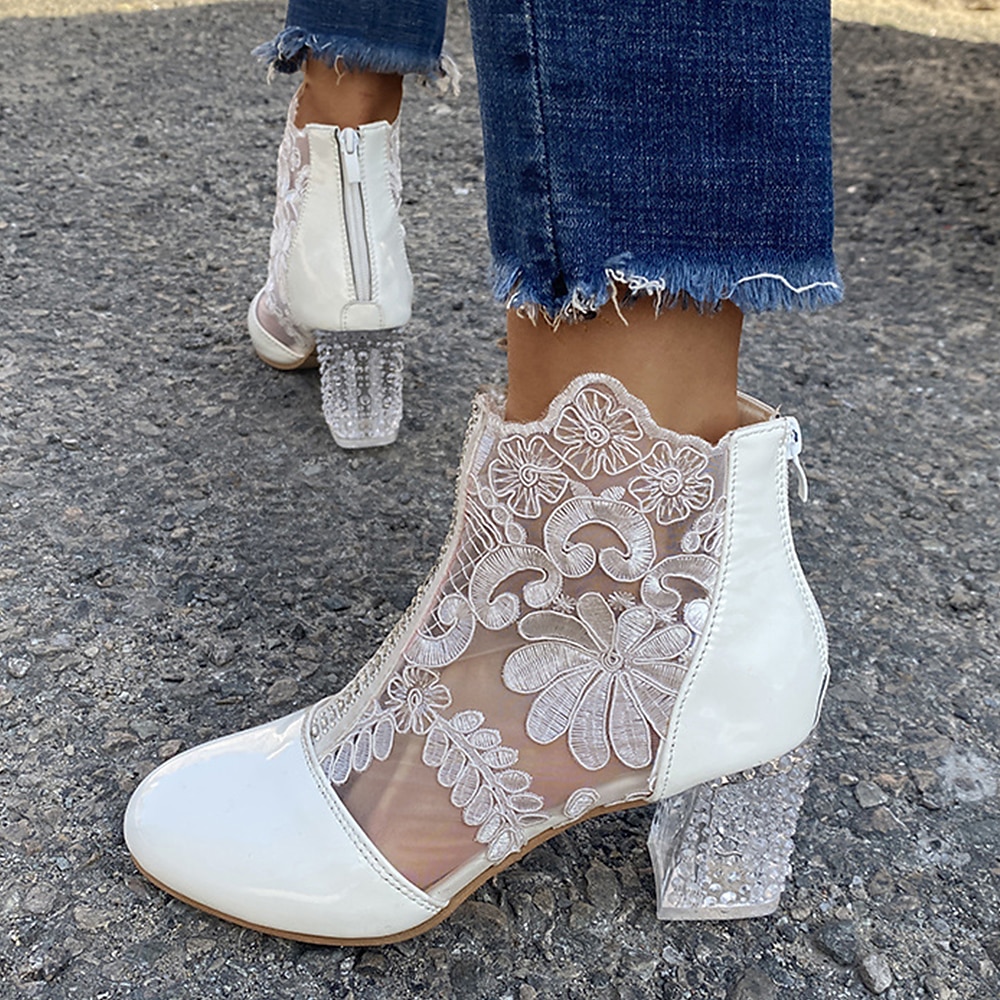 botins femininos de renda branca com salto bloco transparente - perfeitos para casamentos e eventos especiais de 2025 por $54.99 –P1