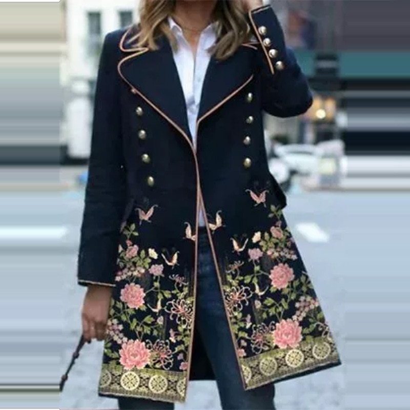 Women's Winter Coat Long Overcoat Floral Print Trench Coat Thermal Warm Pea Double Breasted Lapel Heated Coat Windproof Outerwear Long Sleeve Fall 2024 - $41.99 –P1