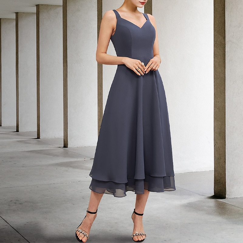 A-Linie Mutter der Braut Kleid elegant V-Ausschnitt Tee-Länge Chiffon Spitze ärmellos Jackenkleider mit Tierung einfarbig maßgeschneiderte Größe kostenlos 2025 - $169.99 –P3