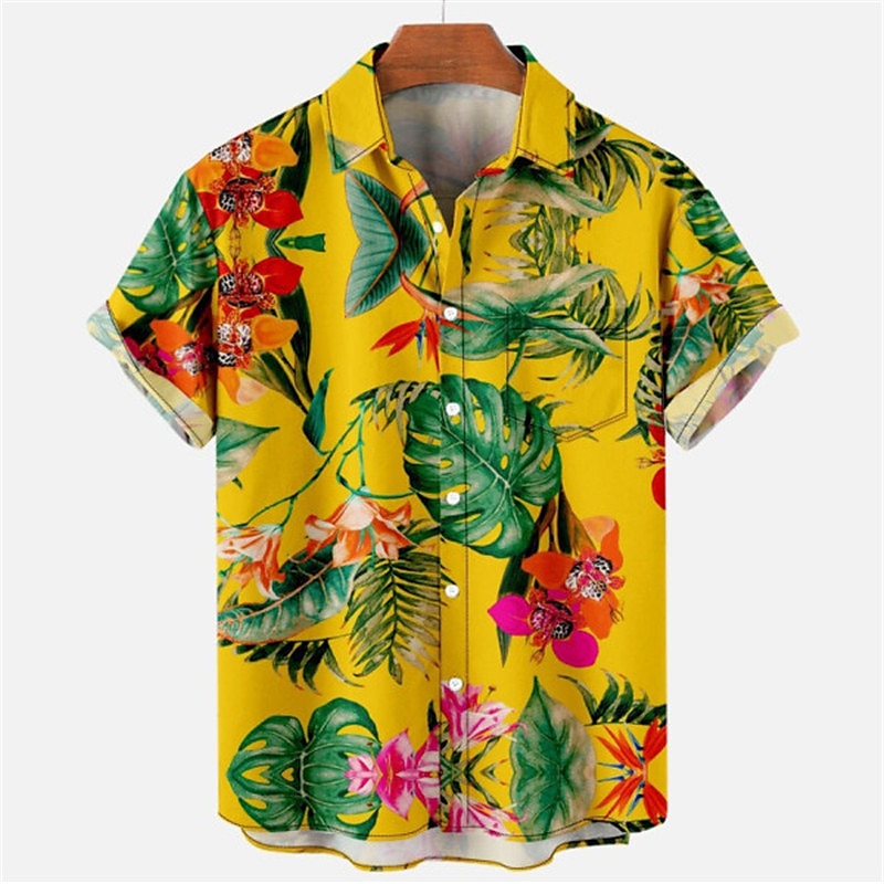 Herr Blommig Leopard Landskap Skjorta Hawaii skjorta Aloha skjorta Kort ärm Skjorta Nedvikt Mode Designer Ledigt Utomhus Gata Ledigt Vit Gul Marinblå 3D-tryck S M L 2025 - $24.99 –P13