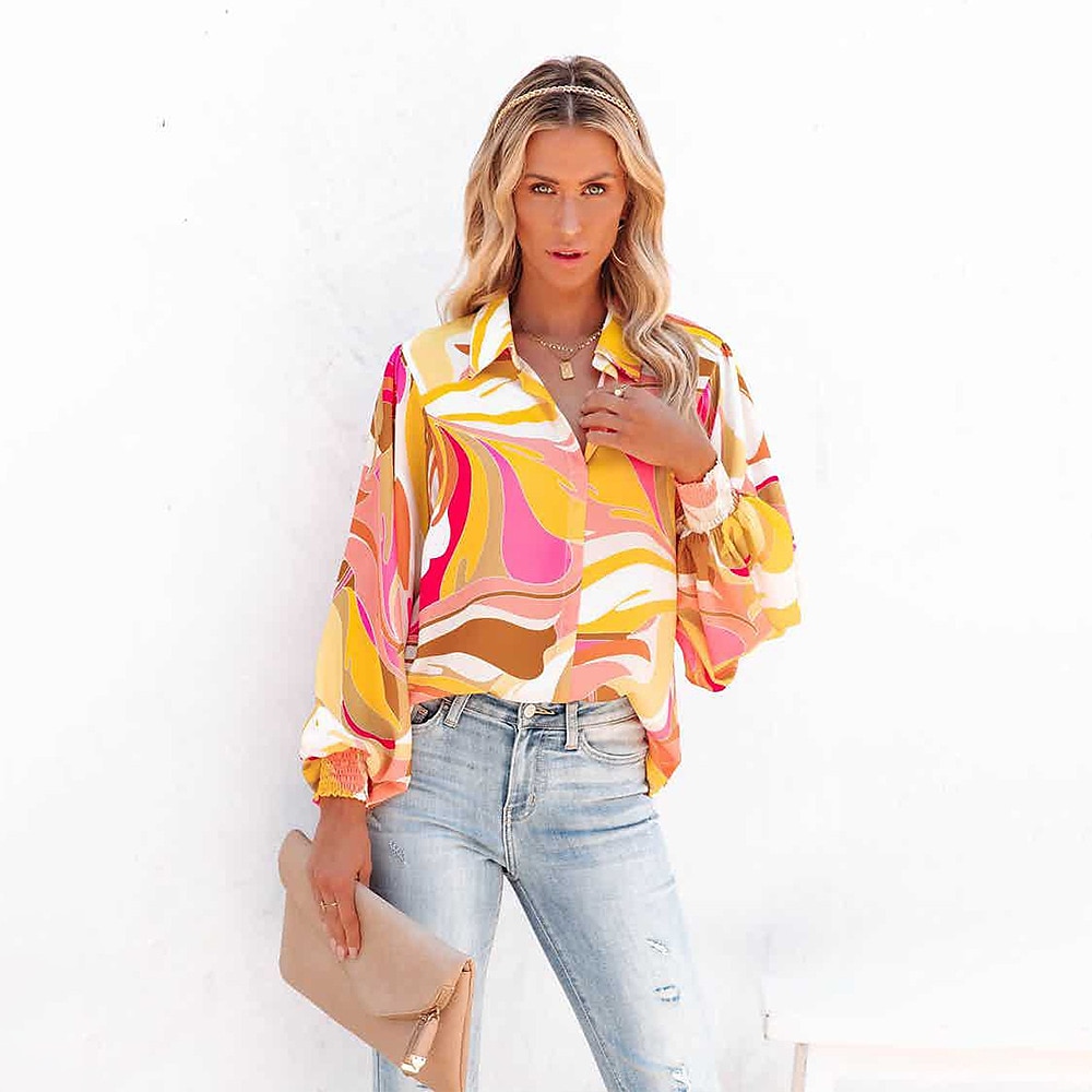Women's Shirt Blouse Fashion Buttons Print Long Sleeve Regular Tops Shirt Collar Casual Blue Purple Green Gray Spring & Fall 2025 - $21.99 –P1