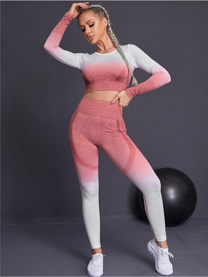 Women's Activewear Set Workout Sets Winter 2 Piece Cropped Color Gradient  Leggings Crop Top Pink Red Spandex Yoga Fitness Gym Workout High Waist  Tummy Control Butt Lift Breathable Long Sleeve Sport 2024 - $41.99