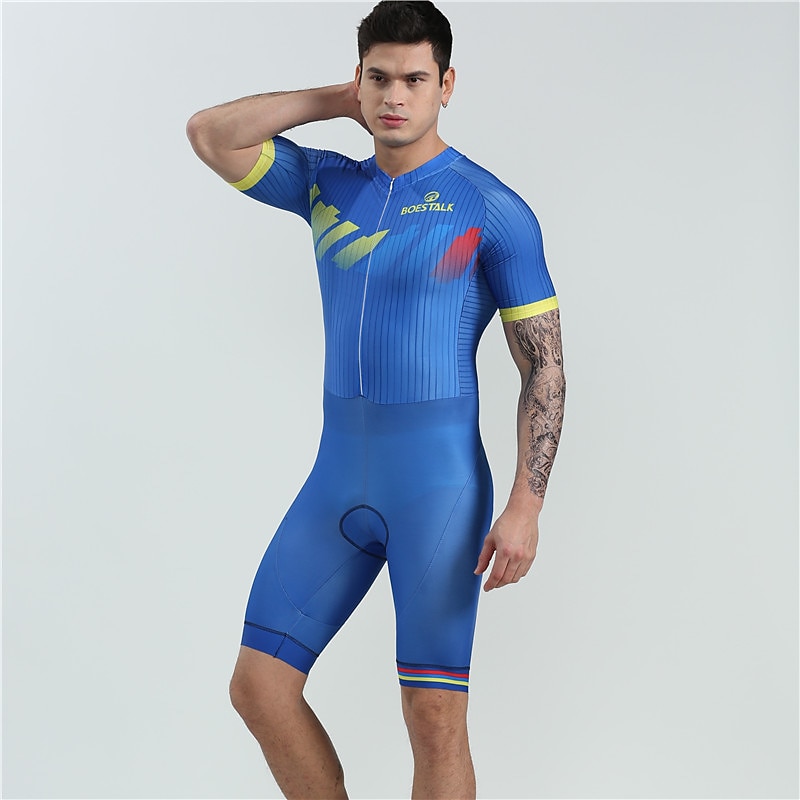 BOESTALK Miesten Lyhythihainen Triathlon Tri -puku Kesä Spandex Vihreä / Keltainen Taivaan sininen Sininen Raita Tilkkutäkki Pilkku Pyörä Liikunta-asut Hengittävä Anatominen tyyli Nopea kuivuminen 2025 - $44.99 –P11