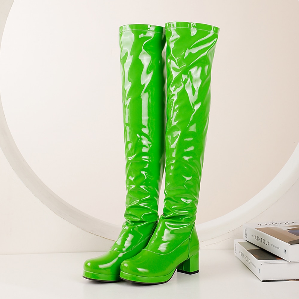Botas por encima de la rodilla de charol negro para mujer con tacón grueso, elegantes y sofisticadas para salir de noche y para fiestas. 2026 - $69.99 –P17