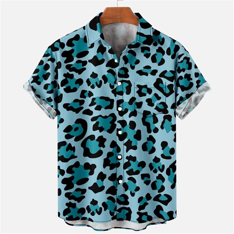 Herr Blommig Leopard Landskap Skjorta Hawaii skjorta Aloha skjorta Kort ärm Skjorta Nedvikt Mode Designer Ledigt Utomhus Gata Ledigt Vit Gul Marinblå 3D-tryck S M L 2025 - $24.99 –P17
