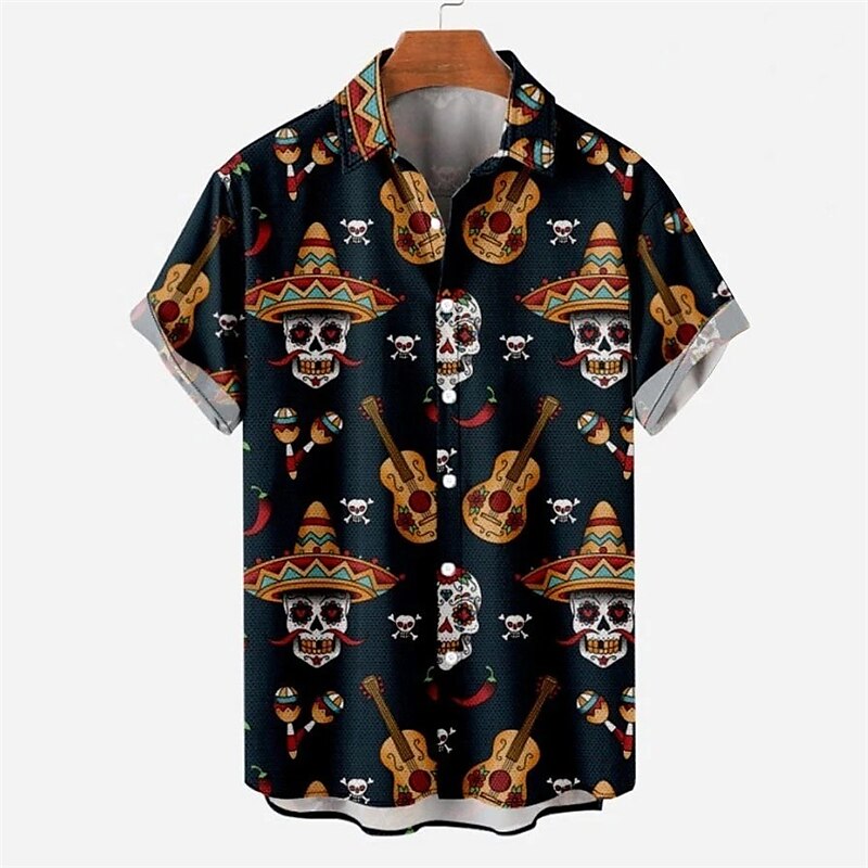 Hombre Cráneos Camisa Mangas cortas Moda Design Casual Exterior Víspera de Todos los Santos Calle Verano Primavera Cuello Vuelto Estampado Abotonar Azul Marino Azul Piscina Morado Verde Trébol 2025 - $24.99 –P1