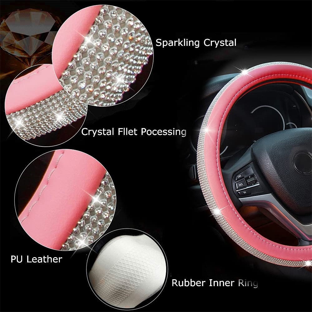 New Diamond Leather Steering Wheel Cover with Bling Bling Crystal Rhinestones Universal Fit 15 Inch Car Wheel Protector for Women Girls 2025 - $25.99 –P4