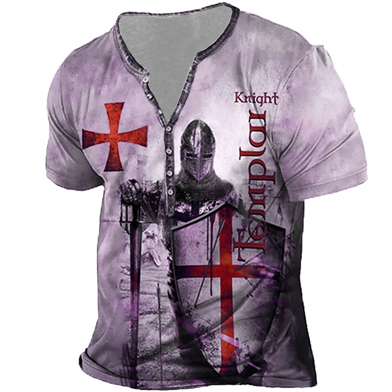 2025年 男性用 Tシャツ ヘンリーシャツ デザイナー ベーシック カジュアル シャツ グラフィック テンプルクロス テンプル騎士団 十字架 半袖 シャツ ブルー パープル ブラウン アウトドア 日常 スポーツ ヘンリー 夏 衣類 3Dプリント プラスサイズ S M L XL XXL 3XL 4XL コレクション – $22.99 –P3