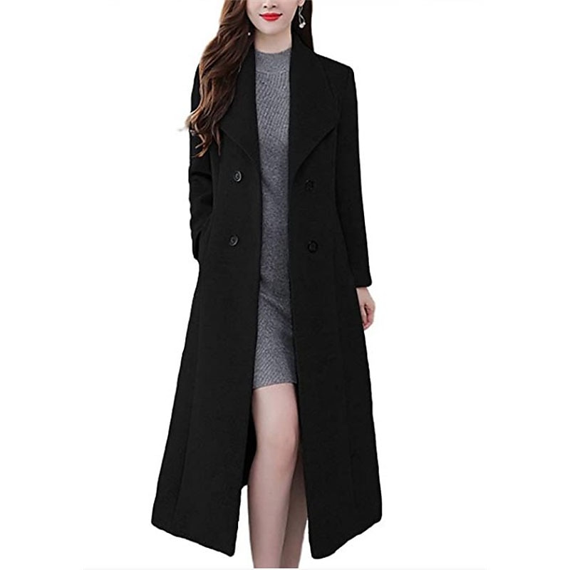 Women's Winter Coat Long Overcoat Double Breasted Lapel Pea Coat Thermal Warm Windproof Trench Coat with Pockets Elegant Slim Fit Lady Jacket Fall Outerwear Long Sleeve Black 2023 - US $53.99 –P1