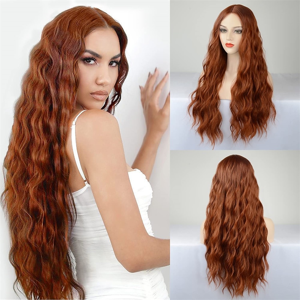 sadie vask parykk auburn parykk for kvinner lang bølget kobber rød parykk krøllet syntetisk blonder parykk vann bølge ingefær parykk dyp bølge halloween cosplay daglig fest hår erstatning parykk 2025 - $36.99 –P1