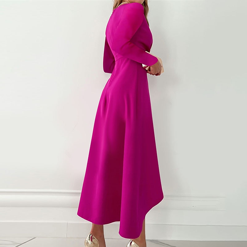 dameswerkjurk midi-jurk zwart rood fuchsia lange mouw pure kleur ruche zomer lente herfst v-hals stijlvolle zomerjurk dagelijks vakantie 2023 s m l xl xxl 2025 - $23.99 –P4