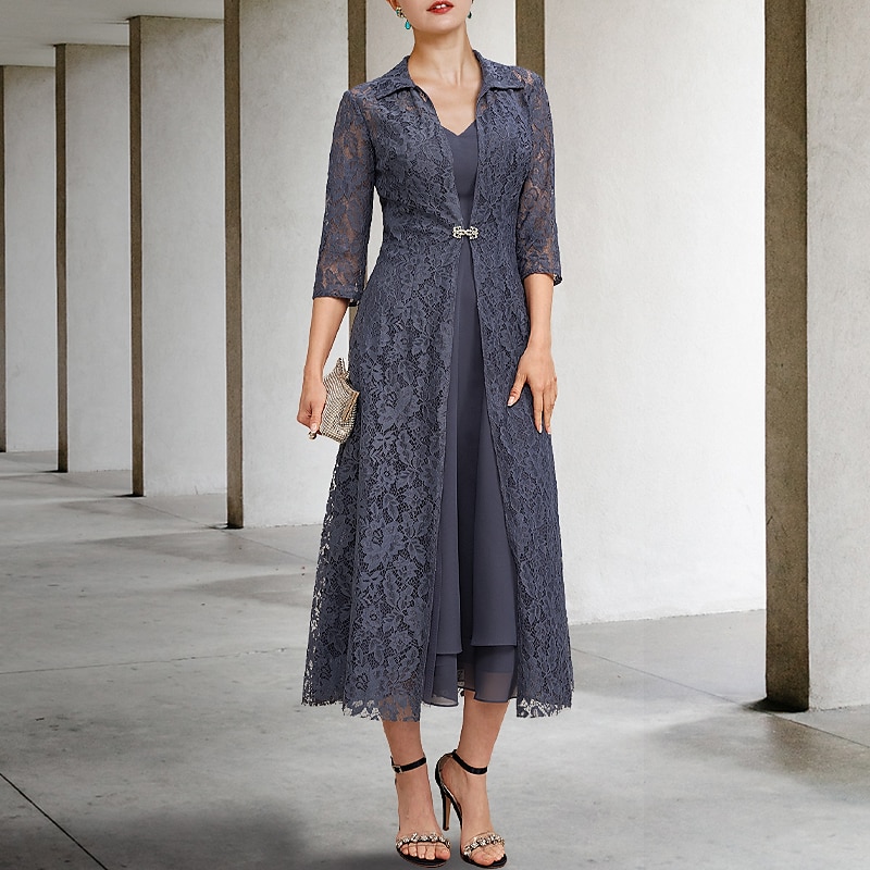 A-Linie Mutter der Braut Kleid elegant V-Ausschnitt Tee-Länge Chiffon Spitze ärmellos Jackenkleider mit Tierung einfarbig maßgeschneiderte Größe kostenlos 2025 - $169.99 –P1