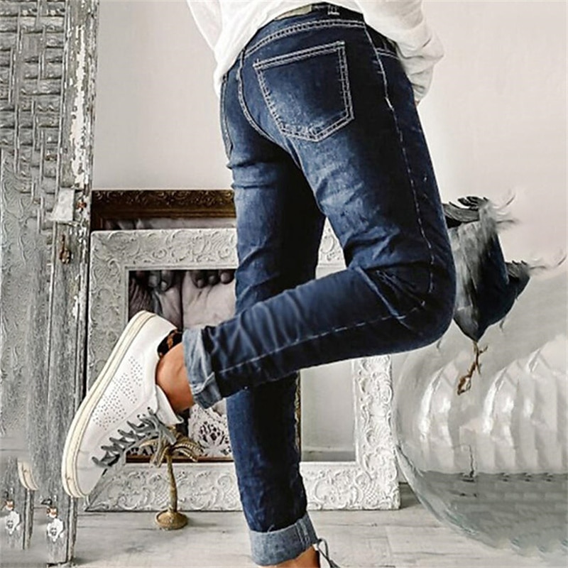 Women's Jeans Normal Cotton Blend Solid Color Dark Blue Basic High Waist Ankle-Length Casual Streetwear Spring, Fall, Winter, Summer 2024 - $44.99 –P2