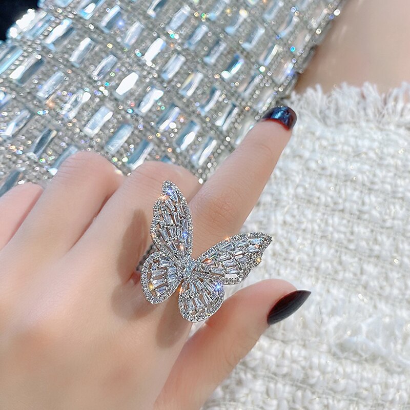 anello autunno matrimonio geometrico argento strass lega farfalla elegante semplice lusso 1 pz / donna / anello aperto / un orecchino / anello regolabile vestito per stupire 2025 del 2025 a $16.99 –P3
