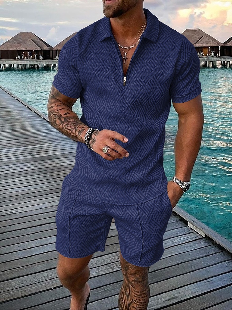 Herre Figurer POLO T-skjorte Skjortdrakter Kort Erme Skjorte V-hals Men's leisure suit utendørs Arbeid 3D-utskrift Svart / Hvit Svart Navyblå Grå Lyseblå Glidelås Flettet Klær Fritid 2025 - $31.99 –P1