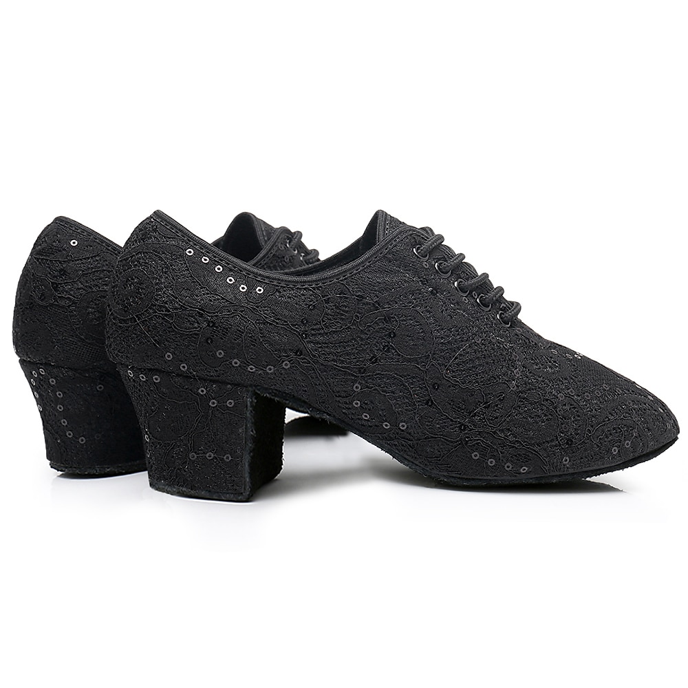 Women's Black Lace Dance Shoes with Mid Heel - Elegant Sequin Latin and Ballroom Shoes for Performance 2025 - $26.99 –P5