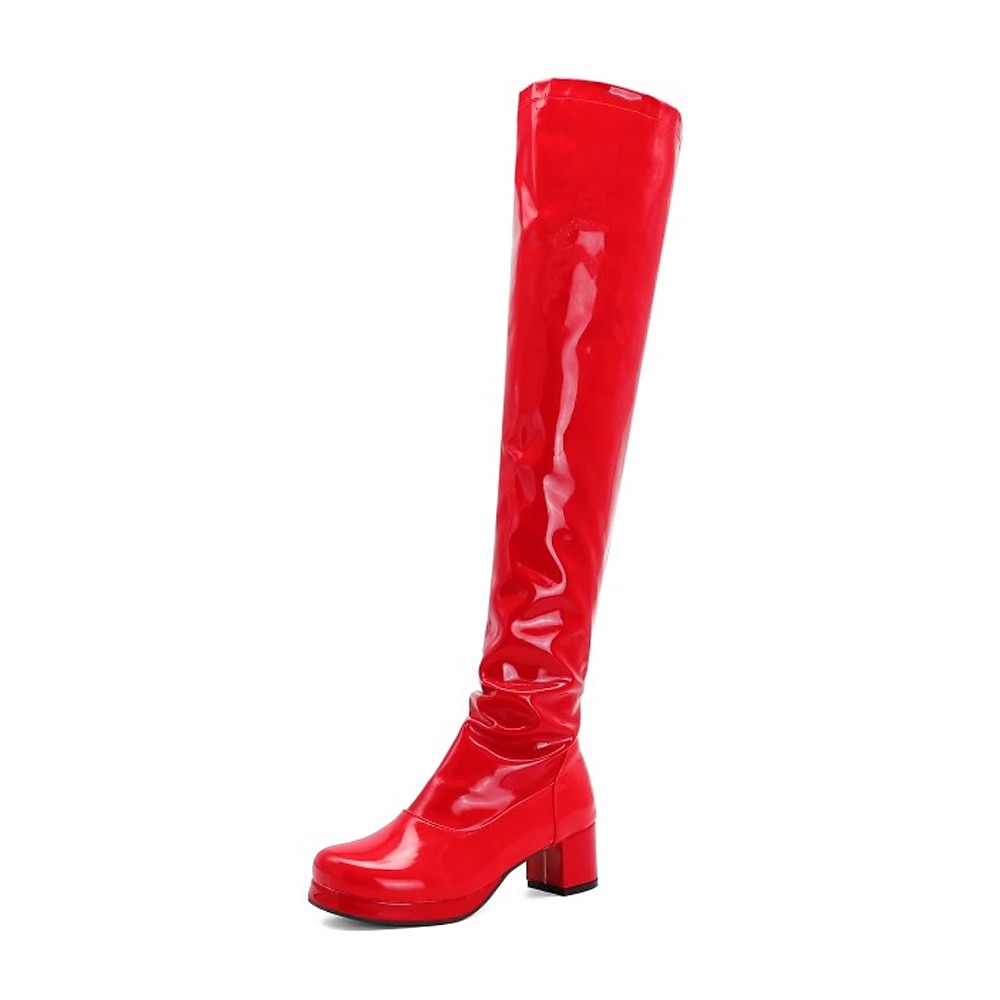 Botas por encima de la rodilla de charol negro para mujer con tacón grueso, elegantes y sofisticadas para salir de noche y para fiestas. 2026 - $69.99 –P2