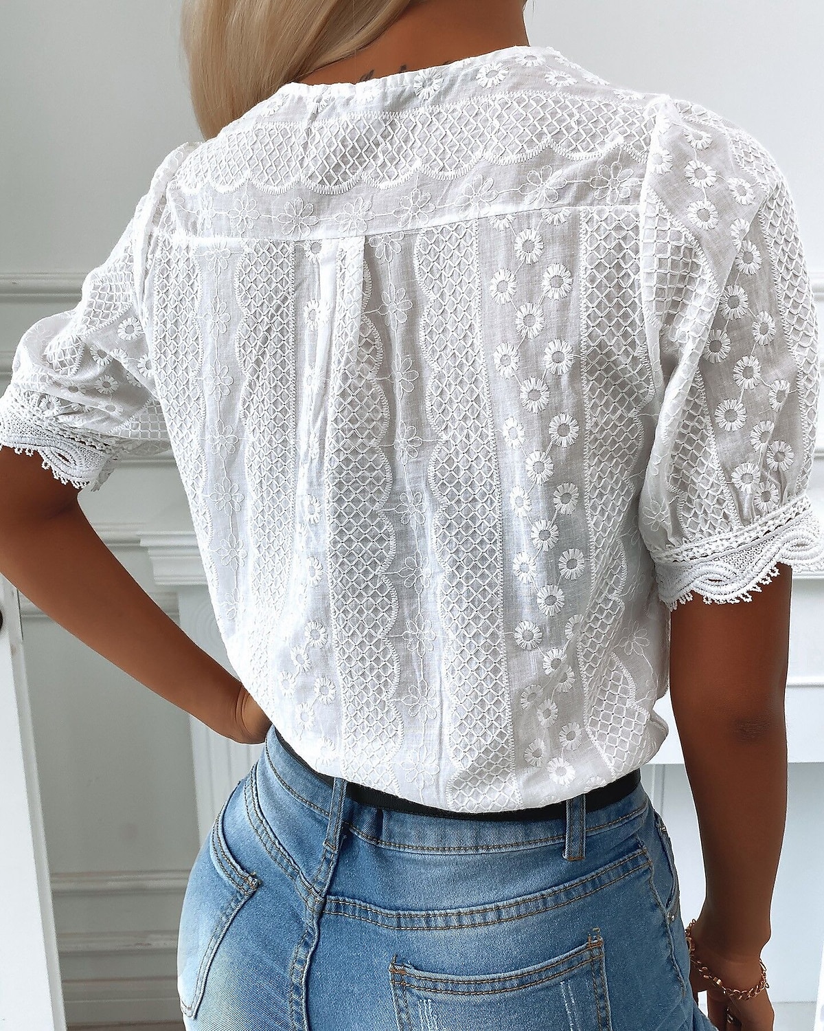 Dame Skjorte Bluse Hvit عادي Blonde Kortermet Daglig Helg Gatemote Fritid V-hals Normal S 2025 - $27.99 –P3