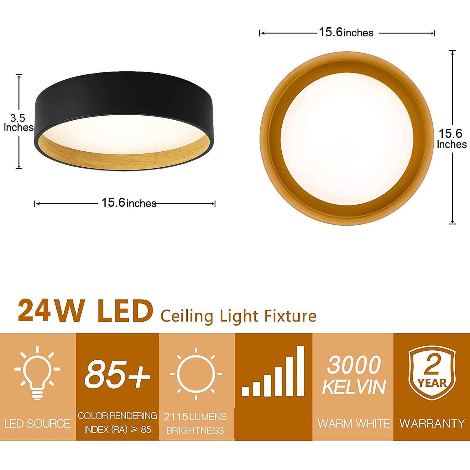 2025年 埋め込みシーリングランプ 15.6/19.5インチ LEDシーリングランプ マットブラック 内部ゴールド 木目 屋内照明ランプ 天井 寝室や廊下に適しています ac220v  コレクション – $208.79 –P1