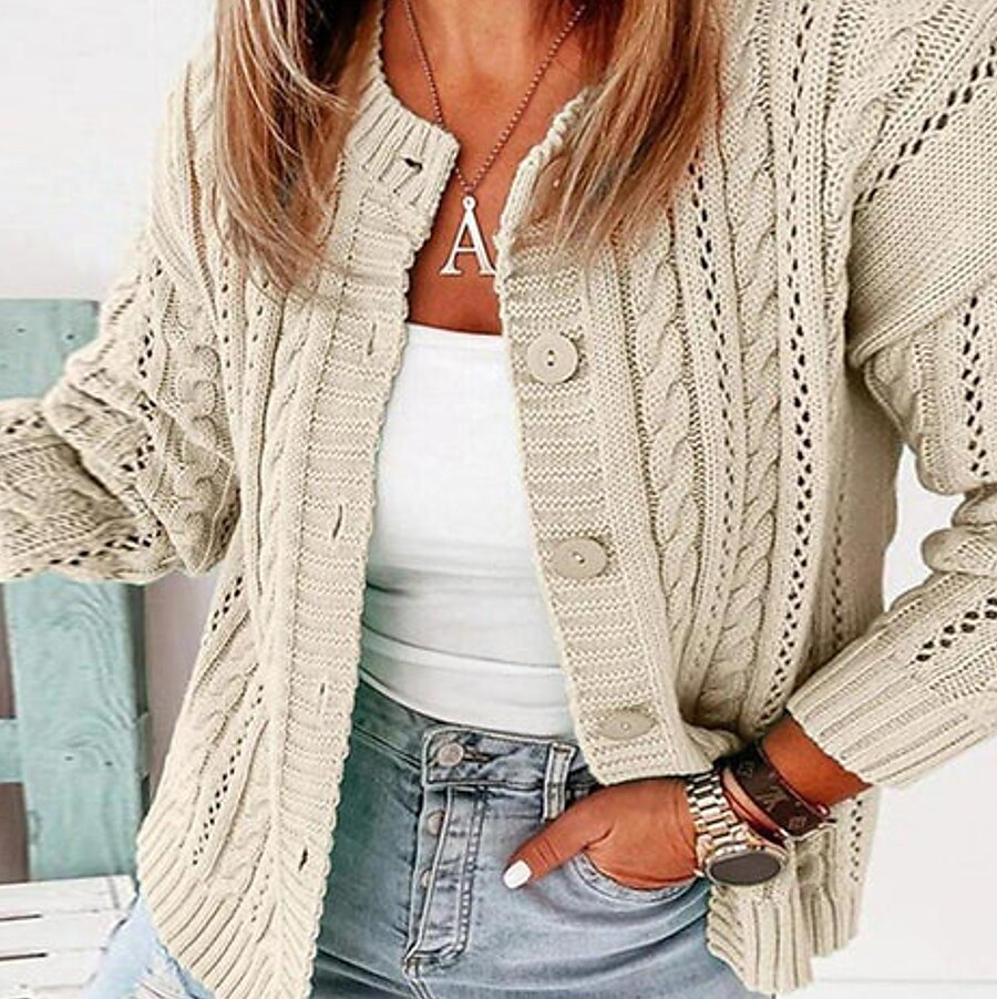 Women's Cardigan Sweater Open Front Crochet Knit Knit Knitted Fall Winter Cropped Daily Holiday Casual Long Sleeve Solid Color Beige S M L 2023 - US $37.99 –P1