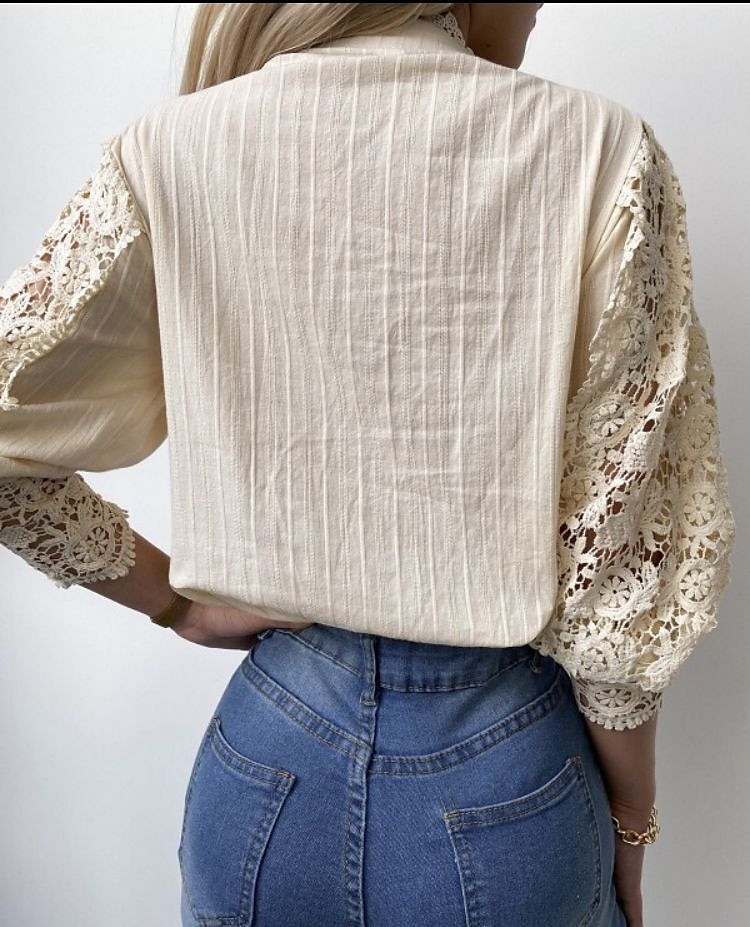 Women Shirt Beige Tops Stand Collar Lace-up French Vintage Blouses