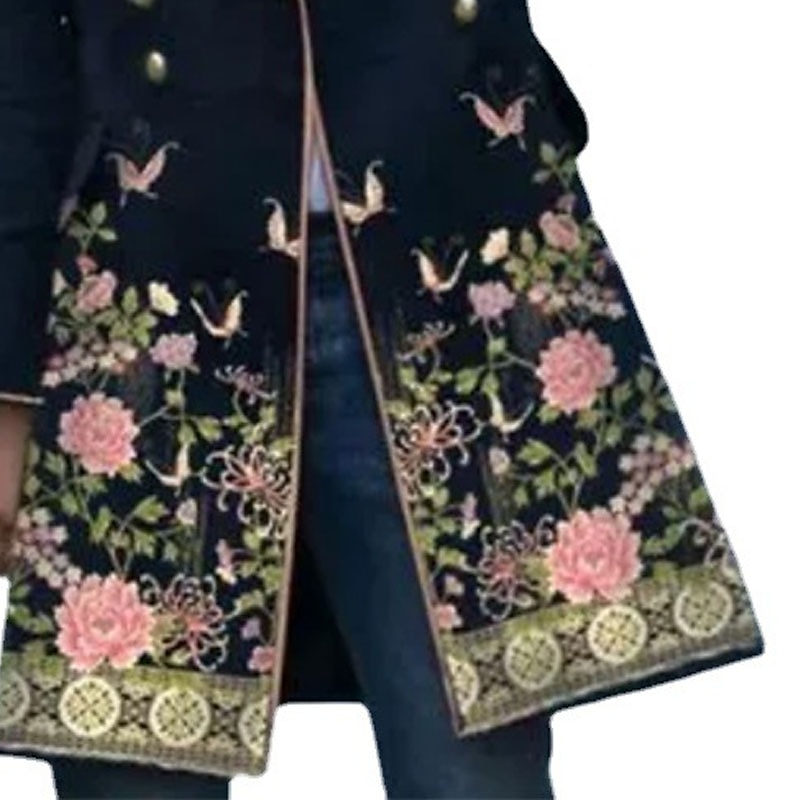 Women's Winter Coat Long Overcoat Floral Print Trench Coat Thermal Warm Pea Double Breasted Lapel Heated Coat Windproof Outerwear Long Sleeve Fall 2024 - $41.99 –P4