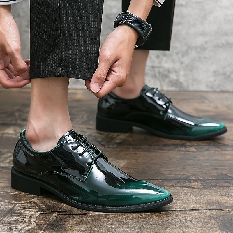 męskie lakierowane skórzane buty wizytowe typu oxford – błyszczące, formalne, sznurowane buty do biznesu, na wesela i wieczorne imprezy 2025 - $54.99 –P15