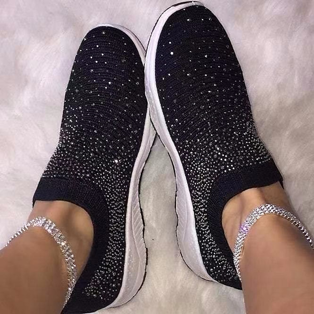 Women Knitting Crystals Sneakers Sparkly Casual Slip On Shoes