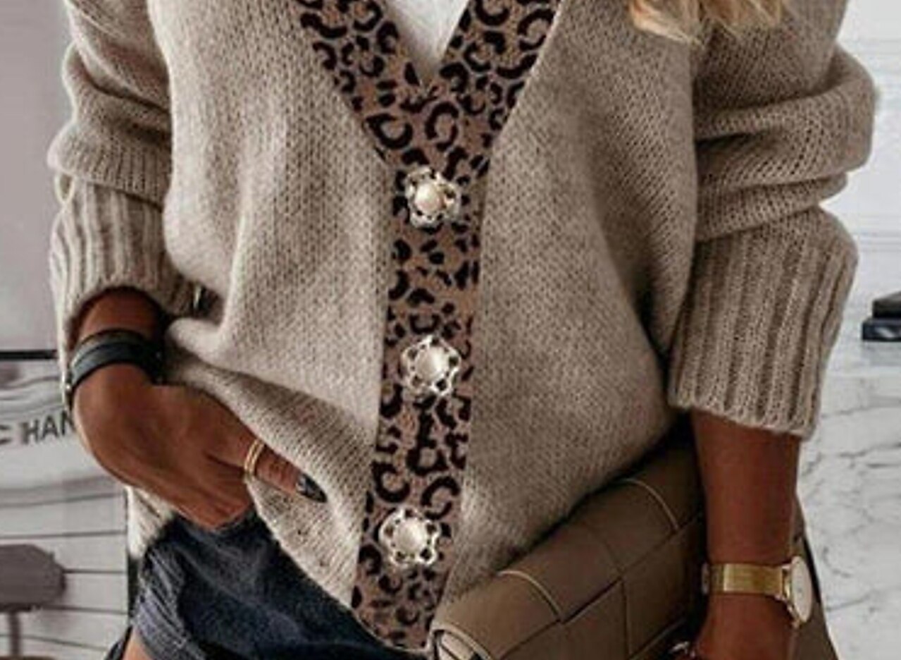 Women's Cardigan Sweater V Neck Crochet Knit Patchwork Button Fall Winter Cropped Daily Holiday Casual Long Sleeve Leopard Brown S M L 2023 - US $33.99 –P3