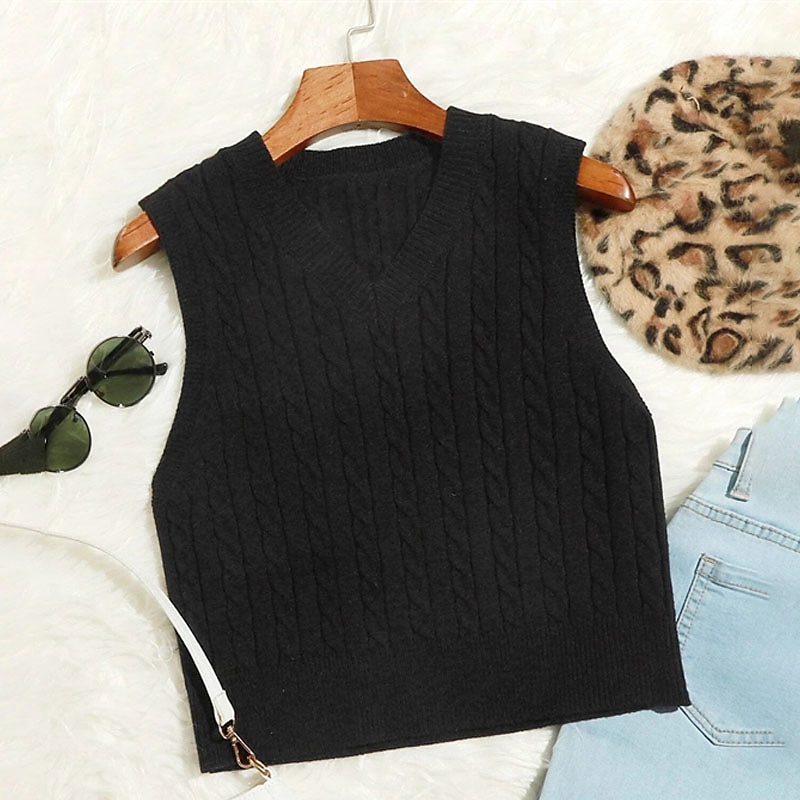 Colete de suéter de venda imperdível amazon europeu e americano moda casual sem mangas cabo suéter com decote em v colete de malha feminino de 2025 por $41.99 –P7