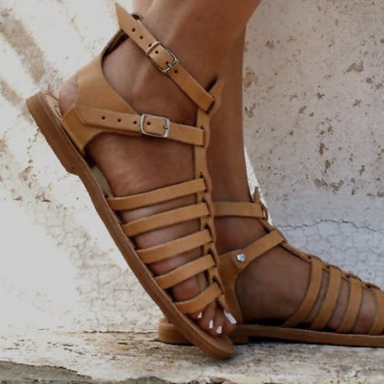 Mujer Sandalias Zapatos romanos Diario Playa Color sólido Verano Tacón Plano Dedo redondo Puntera abierta Vintage Clásico Cuero Sintético PU Sintéticos Hebilla Marrón Claro Negro Dorado 2025 - €28.99 –P6