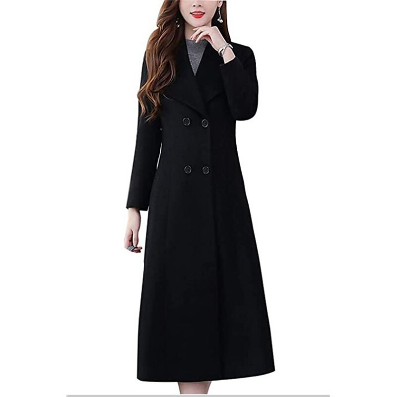 Women's Winter Coat Long Overcoat Double Breasted Lapel Pea Coat Thermal Warm Windproof Trench Coat with Pockets Elegant Slim Fit Lady Jacket Fall Outerwear Long Sleeve Black 2023 - US $53.99 –P2